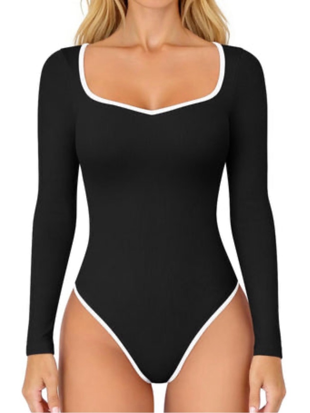 Long Sleeve Black Stretchy Bodysuit with White Trim - Women's Top